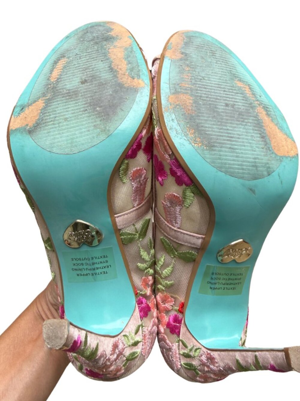 Betsey Johnson Embroidered Floral Peep Toe Heels Size 6 Pink Satin Mesh Stiletto - Picture 14 of 15